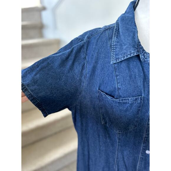 Denim Button Front Shirt Dress Flutter Hem Short Sleeve Maxi Dress Western Boho - Picture 7 of 8